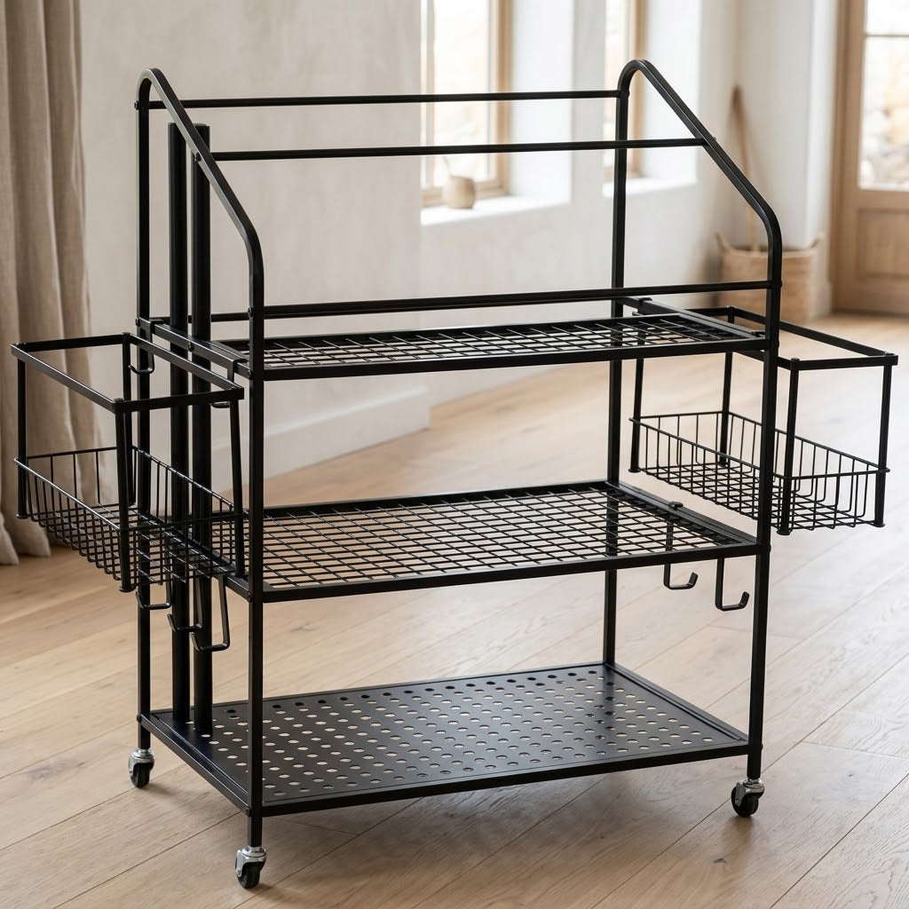 All-Metal Home Gym Storage Rack with Side Baskets and Locking Wheels