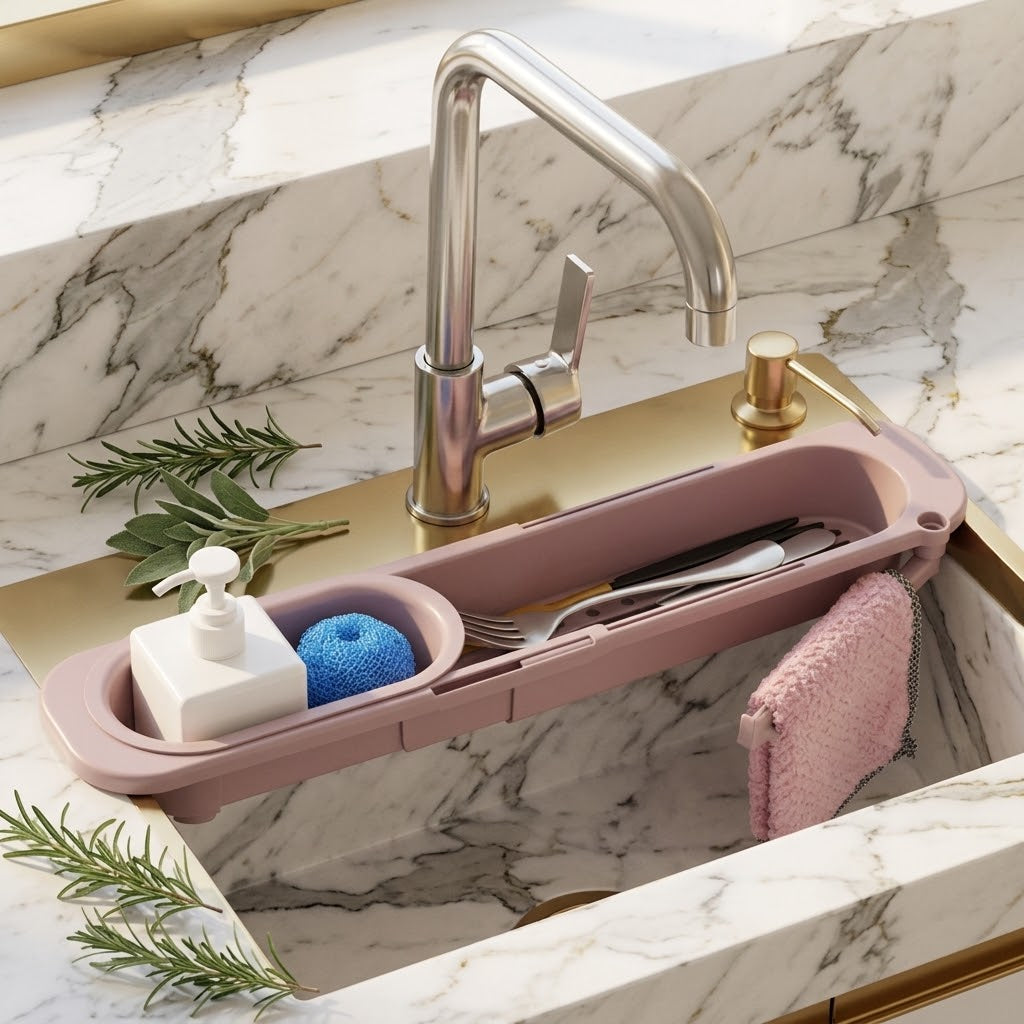 Telescopic Sink Drain Rack with Towel and Bottle Holder