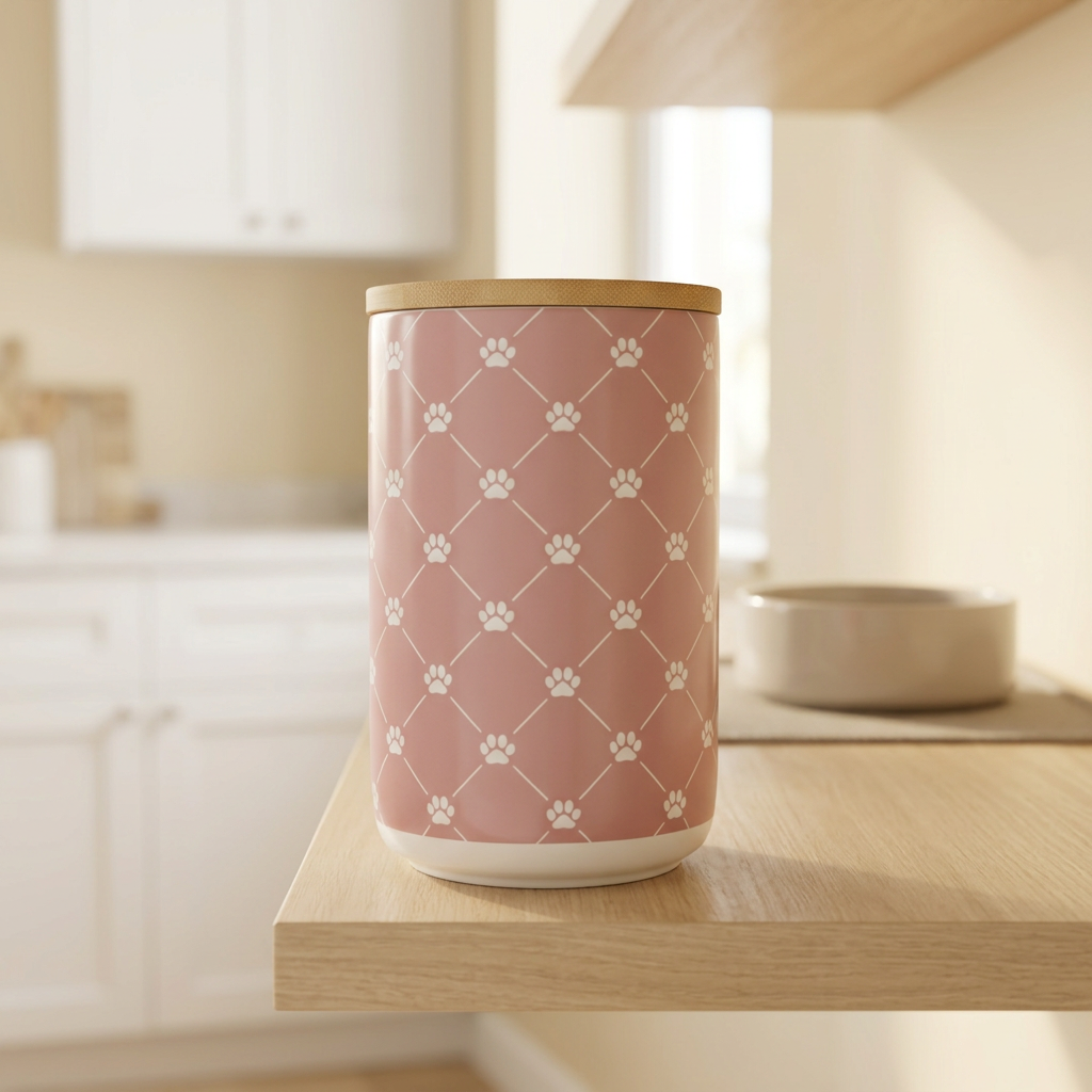 Ceramic Trellis Paw Print Pet Treat Jar with Bamboo Lid, Rose
