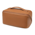 Wide Open Flat Makeup Bag with Divider and Handle, PU Leather, Brown