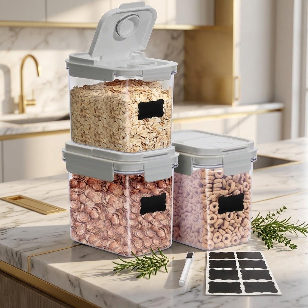 Cereal Storage Containers with Flip-Top Lids and Labels, 3-Pack