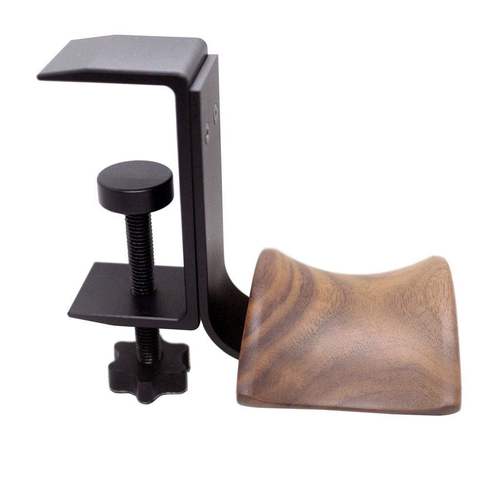Under-Desk Walnut and Aluminum Headphone Hanger, Clamp or Screw Mount