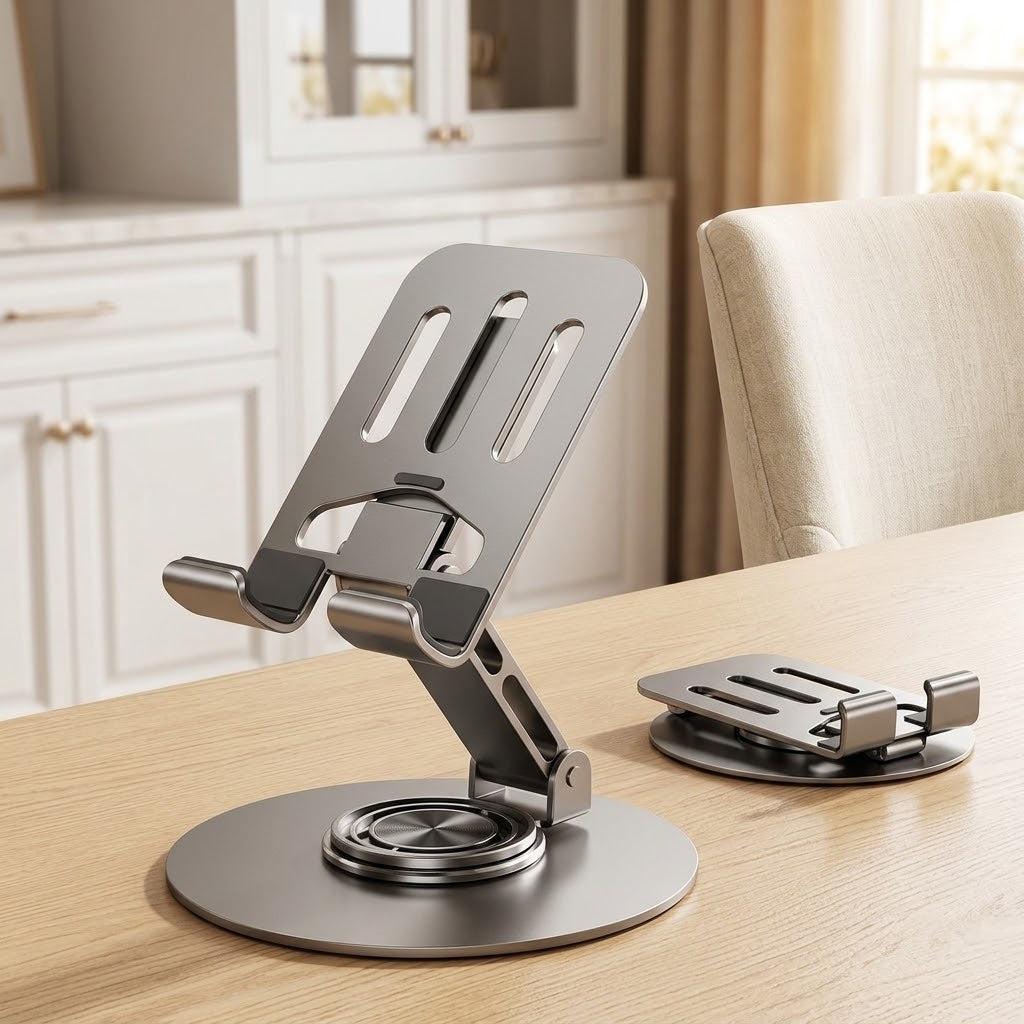 Metal Phone and Tablet Cradle, Foldable with 360° Rotation, Silver Grey