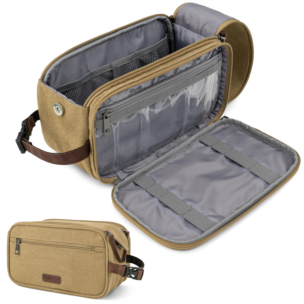 Water-Resistant Canvas Toiletry Bag with Hanging Strap, Khaki