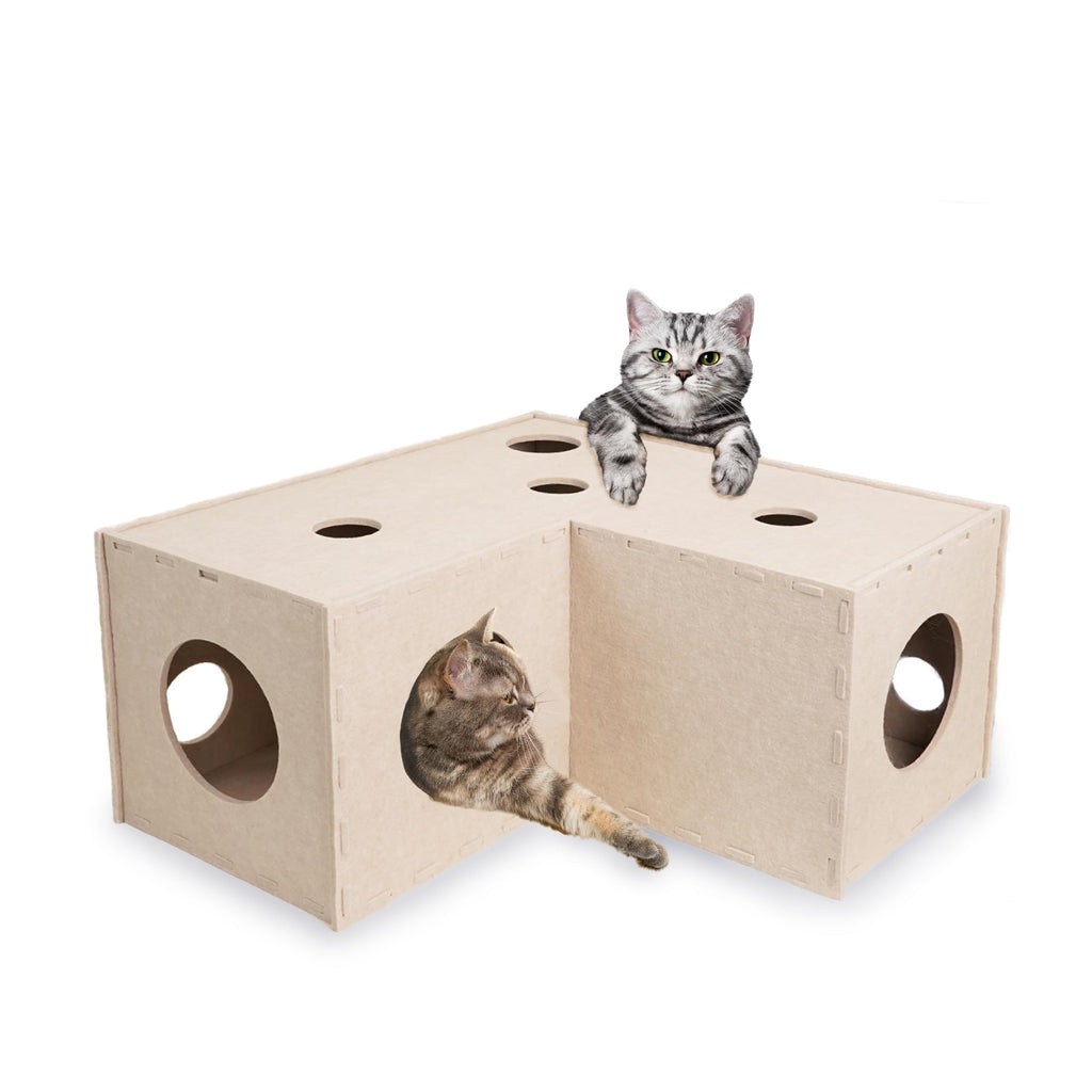 L-Shaped Felt Cat Tunnel with 14 Peek Holes and 3 Entrances, Beige