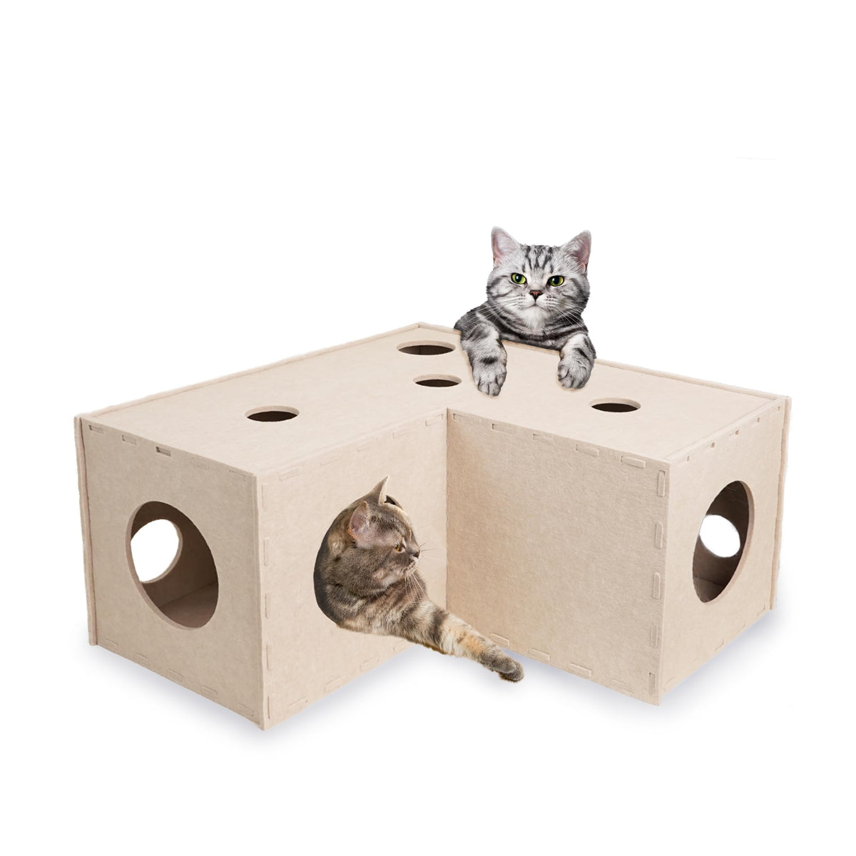 L-Shaped Felt Cat Tunnel with 14 Peek Holes and 3 Entrances, Beige