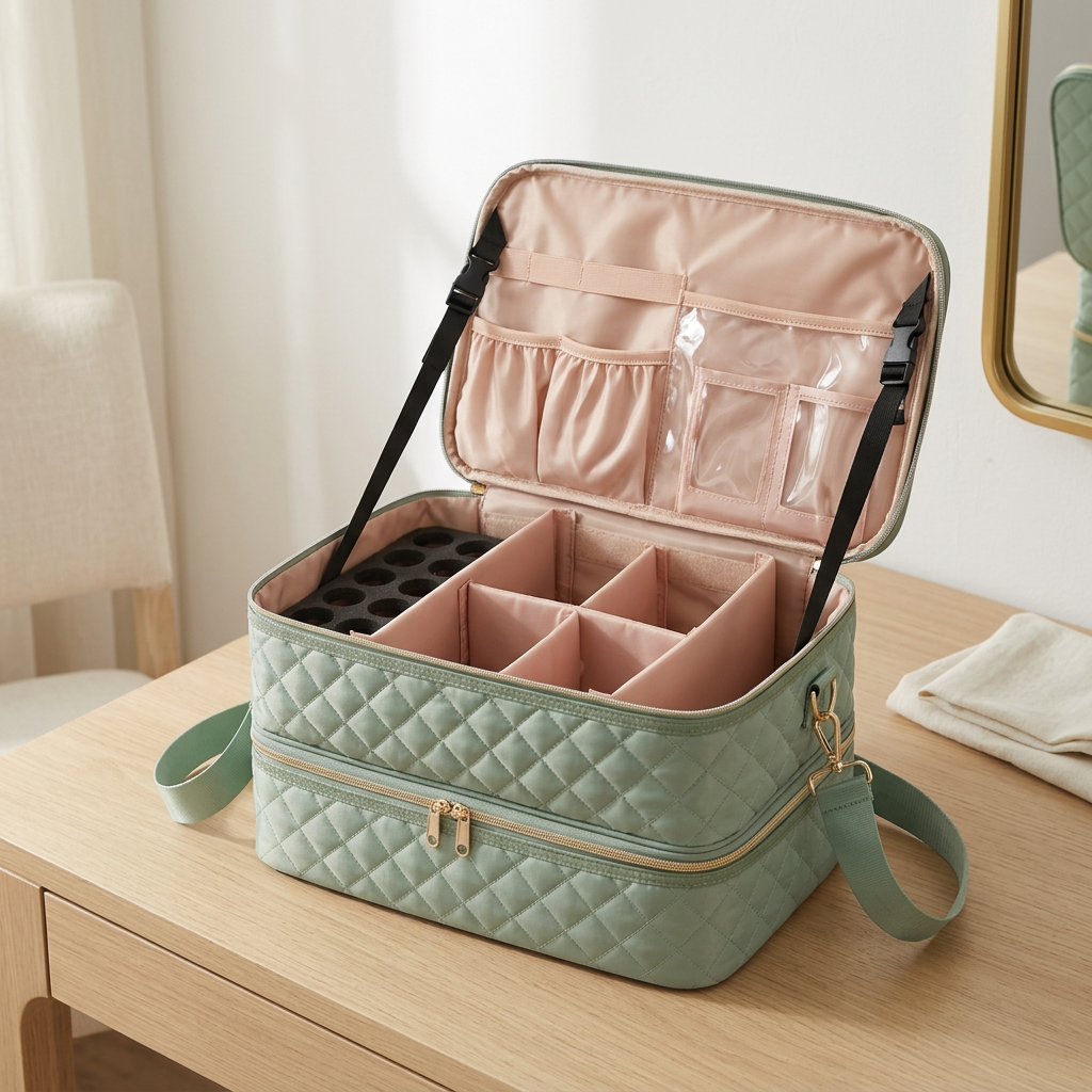 Double Layer Nail Polish Organizer Case, Holds 50+ Bottles, Green