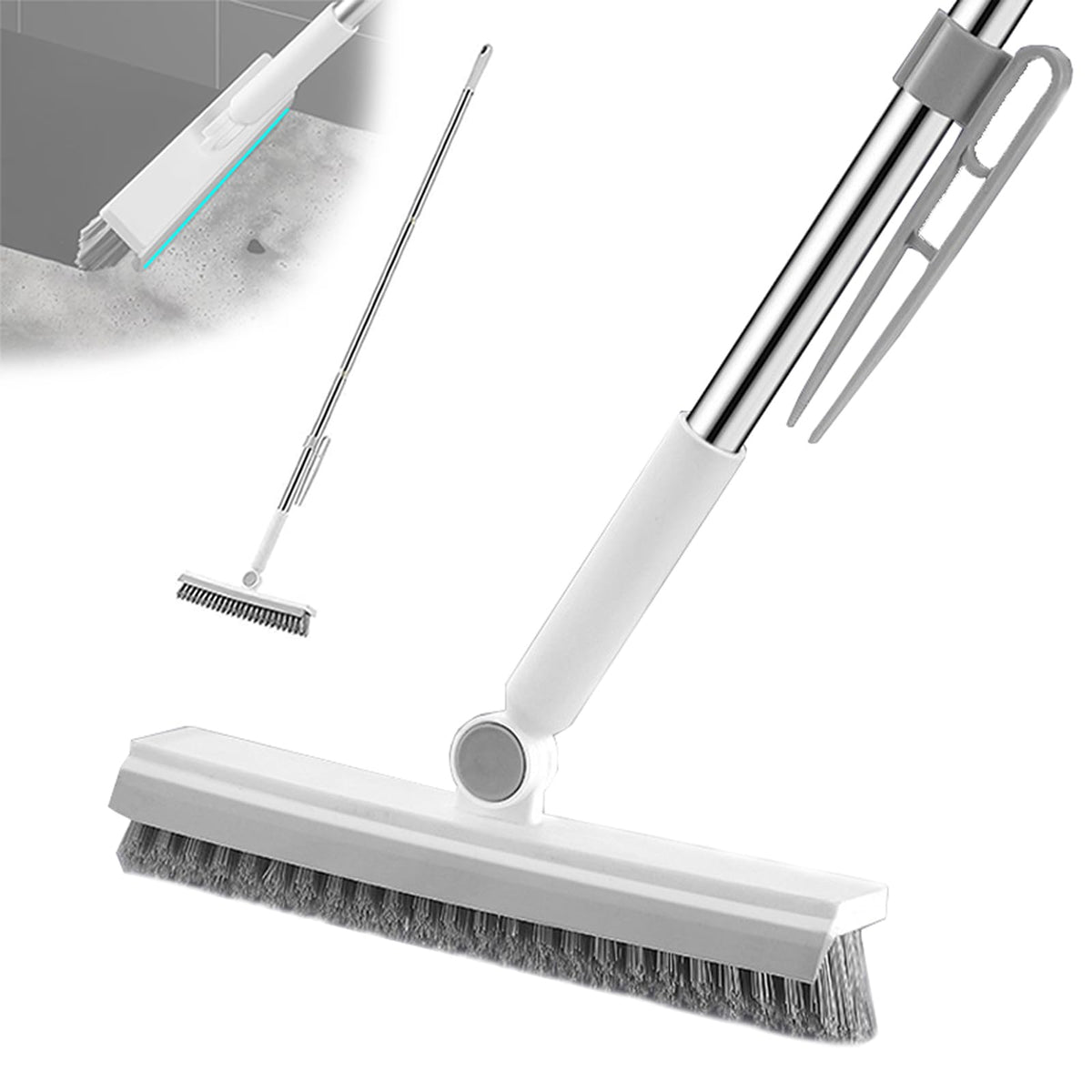 3-in-1 V-Shape Floor Scrub Brush with Squeegee and 57 in Handle, White