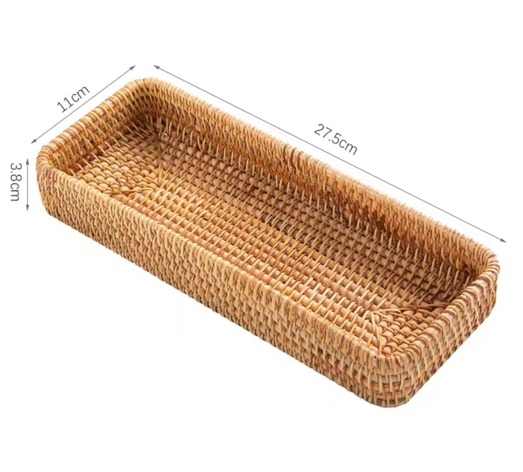 Woven Rattan Desktop Storage Tray, Japanese Style, 4 Sizes