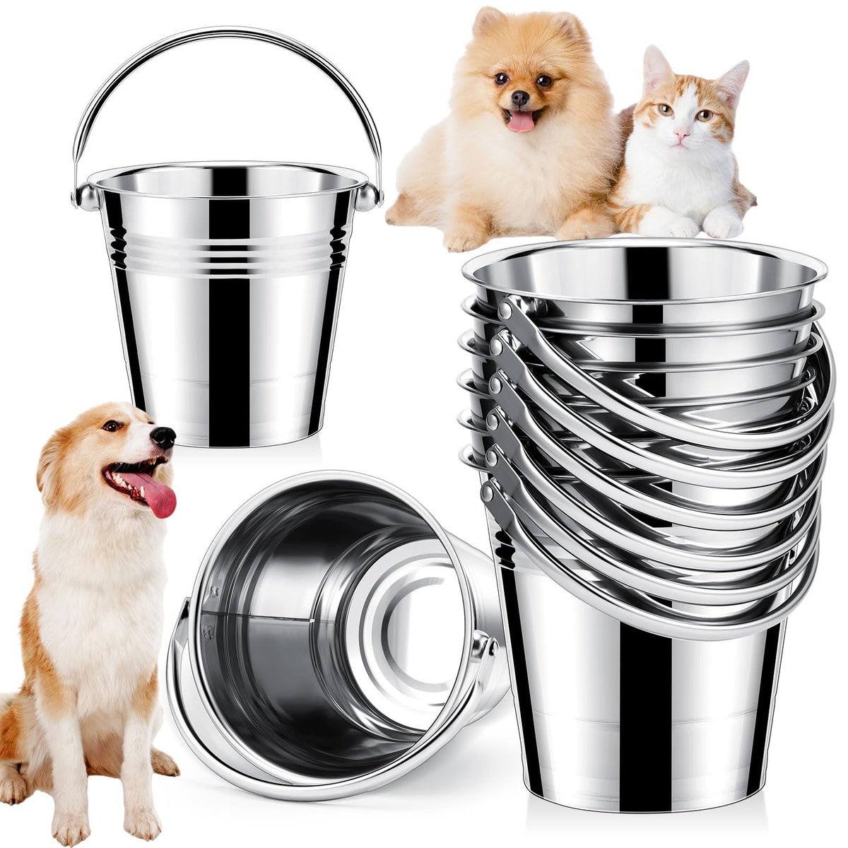 Stackable Stainless Steel Pet Water Buckets with Handle, 2.1 qt, 6 Pack