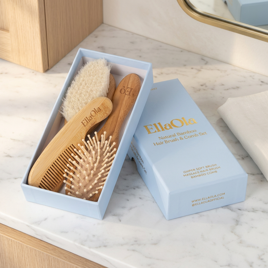 3-Piece Bamboo Baby Hair Brush and Comb Set with Goat Hair Bristles