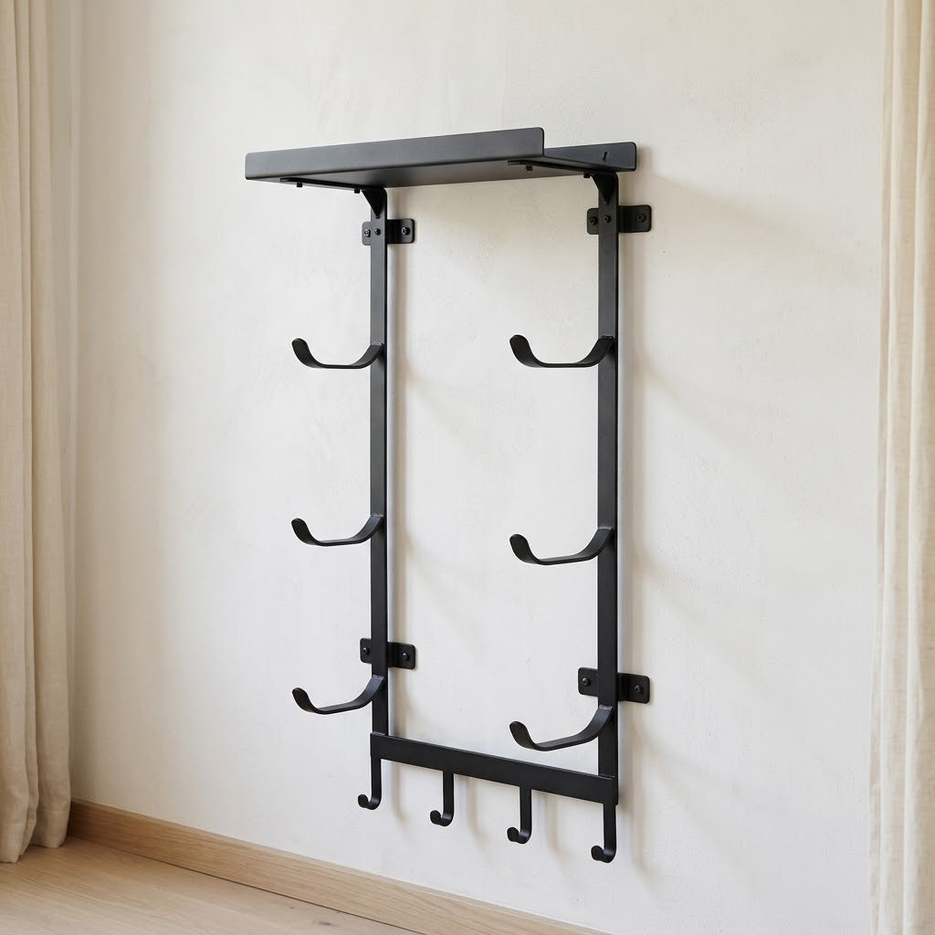 Black Metal Wall Yoga Mat Holder with Floating Shelf and 4 Hooks