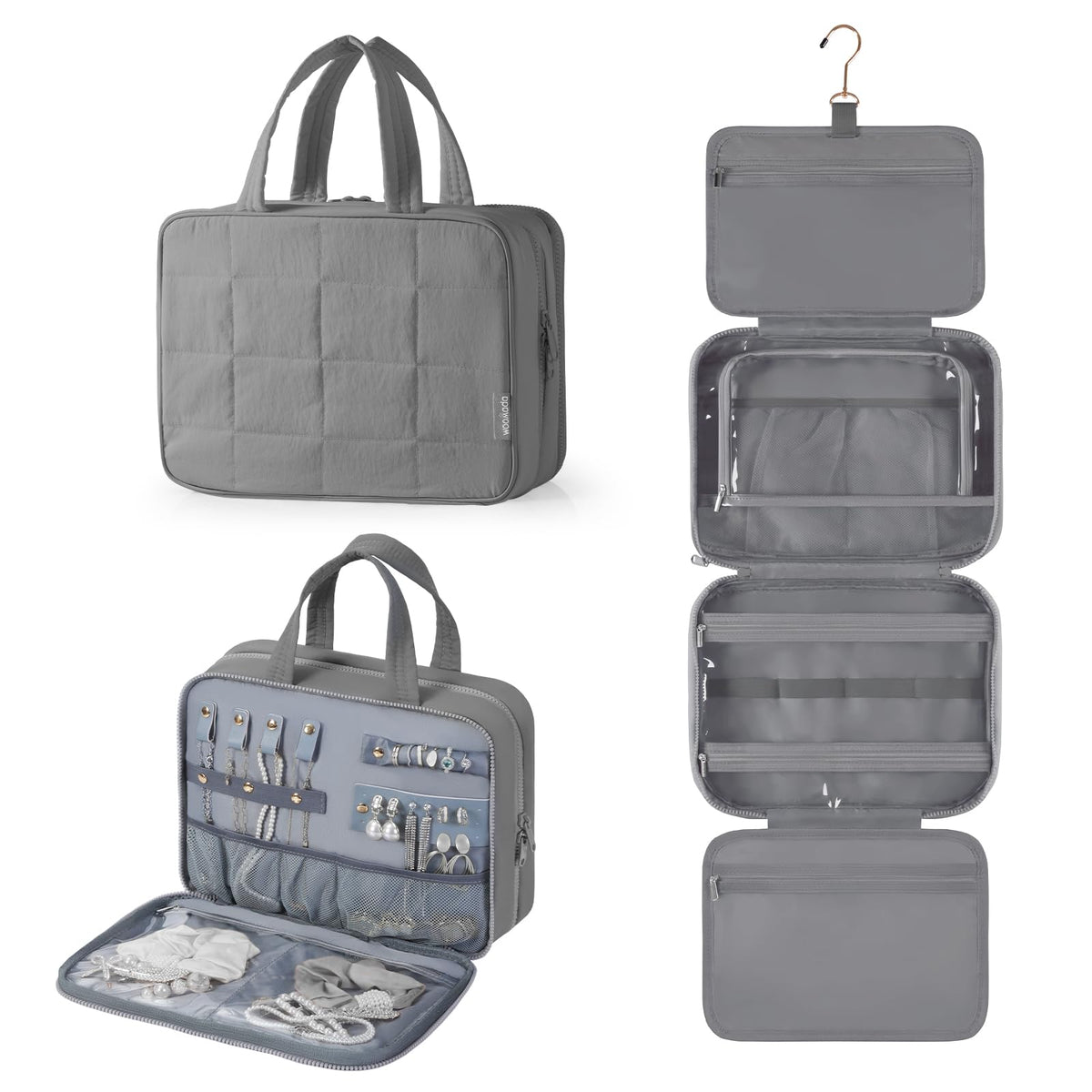 Puffy Hanging Toiletry Bag with Jewelry Organizer, Grey
