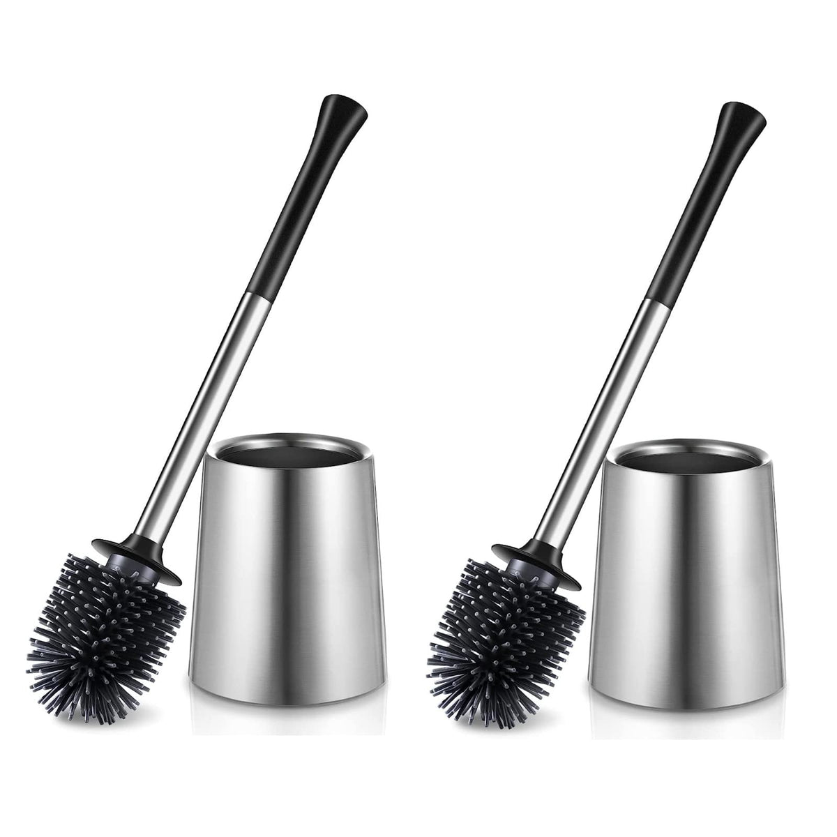 Silicone Toilet Brush and Stainless Steel Holder Set, 2-Pack