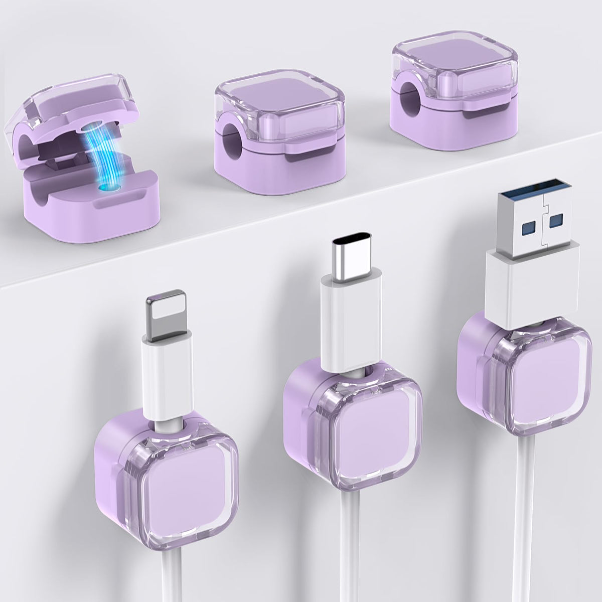 Magnetic Lock Cable Clips with Rotating Shaft, 6 Pack, Lavender