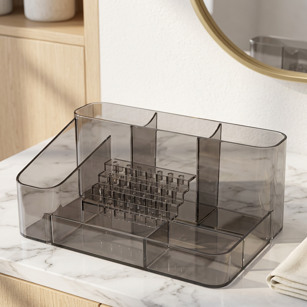 28-Hole Acrylic Nail Drill and Bit Holder, 4 Compartments, Grey