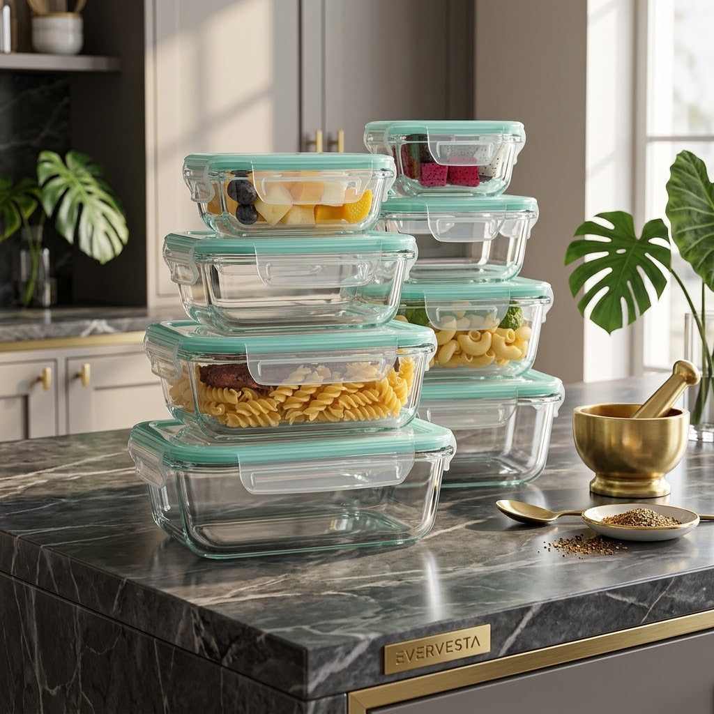 Glass Meal Prep Containers with Locking Lids, Green, Set of 8