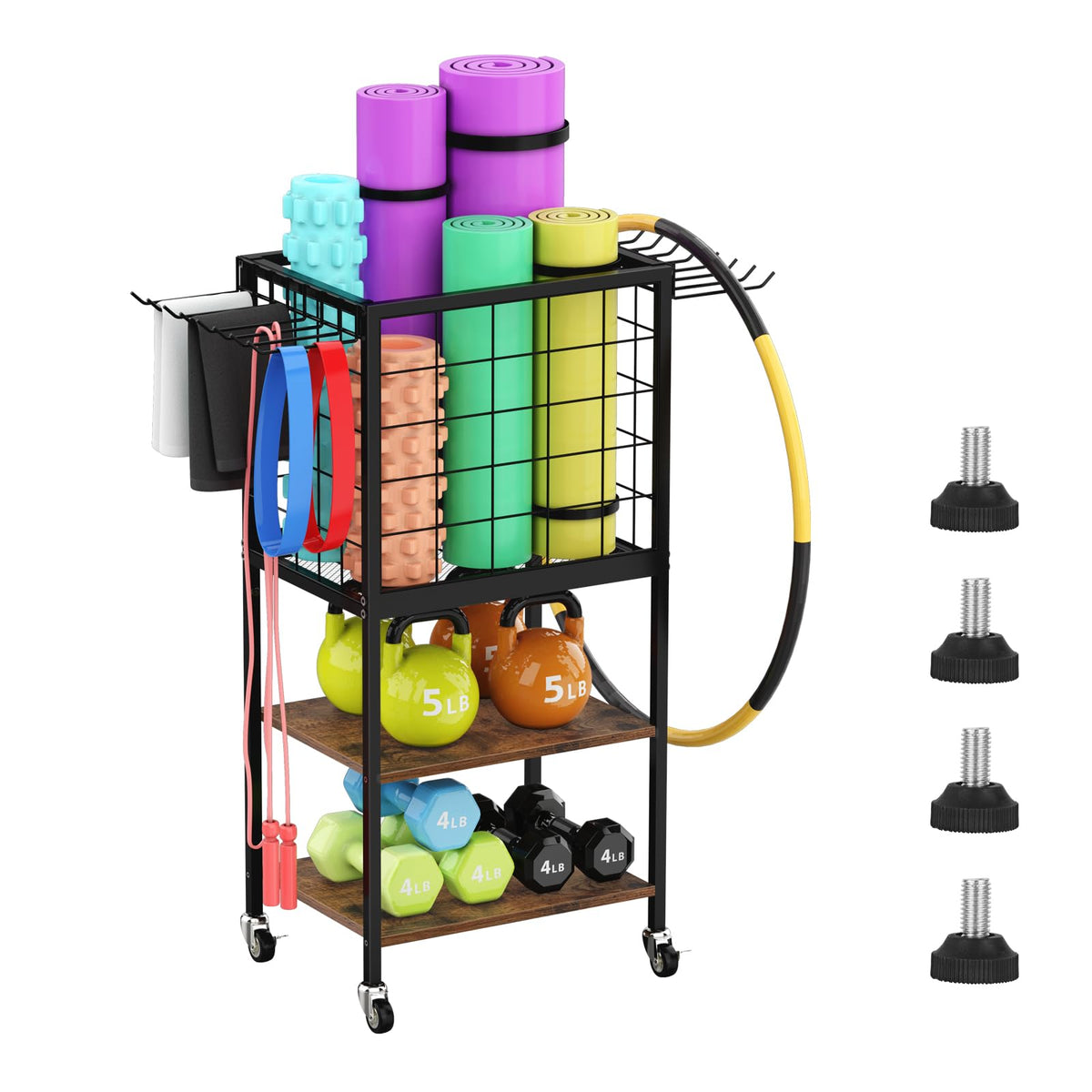 3-Tier Wood and Metal Gym Storage Cart with Wheels and Hooks