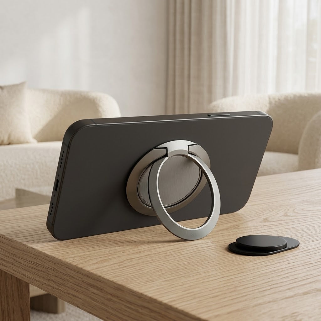 Ultra-Thin Phone Ring Holder and Stand with Hook, Black