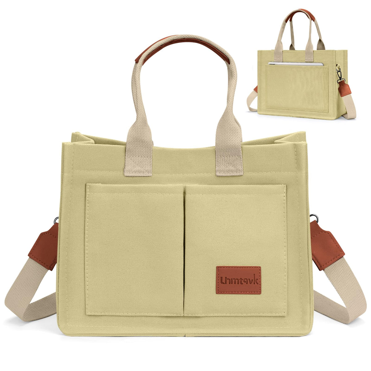 Canvas Crossbody Tote Bag with 5 Pockets, Khaki
