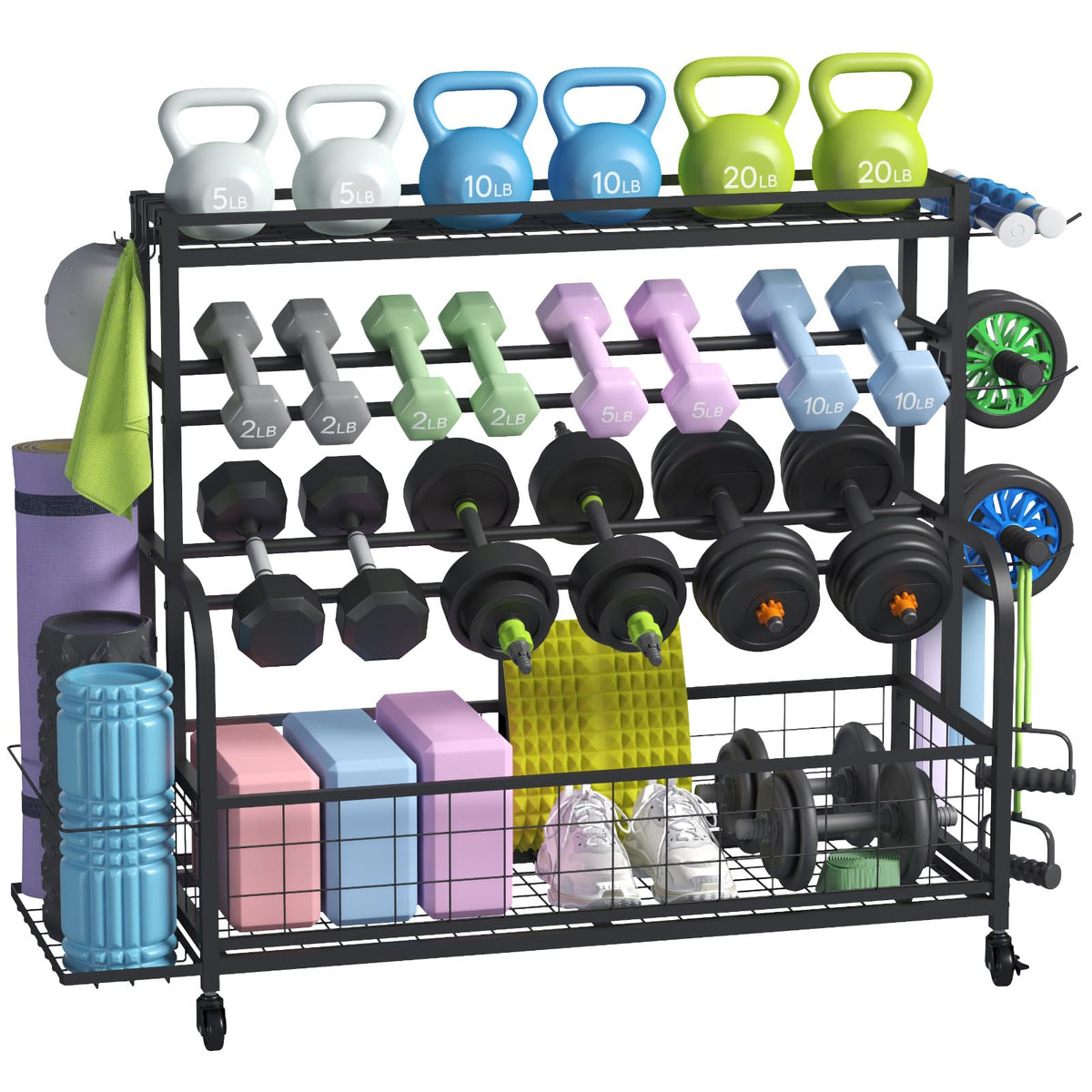 Large Home Gym Storage Rack with Wheels, Dumbbell and Yoga Mat Holder