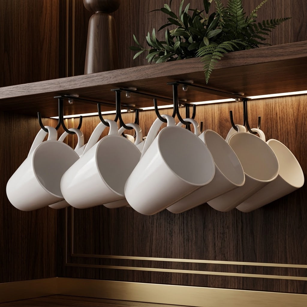Under-Cabinet Mug Holder Racks with 12 Hooks, 3-Piece, Black
