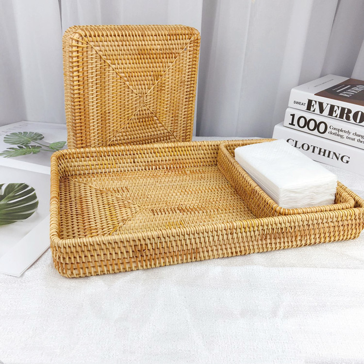 Woven Rattan Desktop Storage Tray, Japanese Style, 4 Sizes