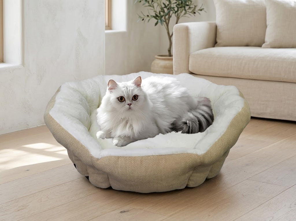 Round Faux Fur Pet Bed with Raised Edges and Anti-Slip Bottom, Camel