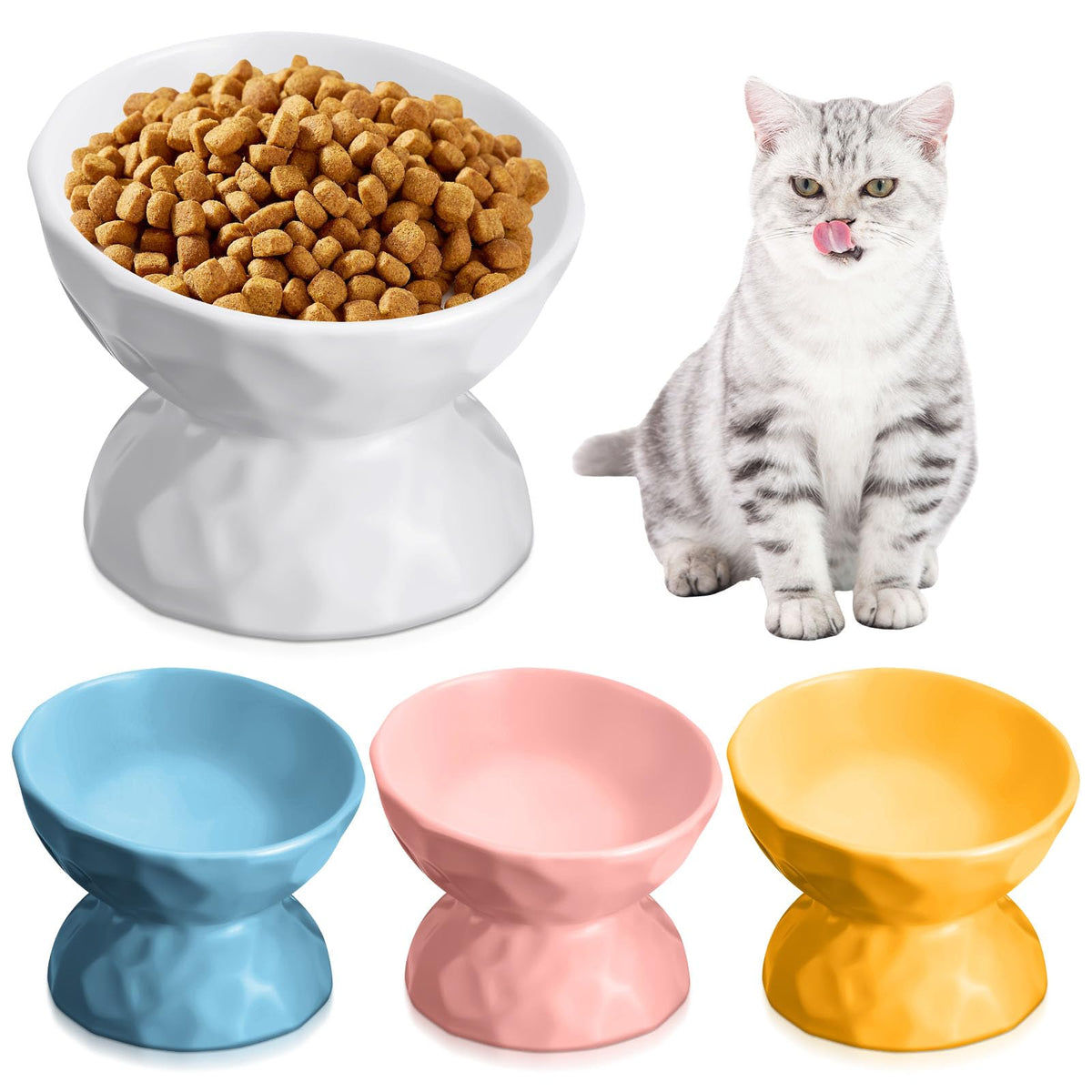 Raised Tilted Ceramic Cat Bowls, 6.8 oz, Set of 4