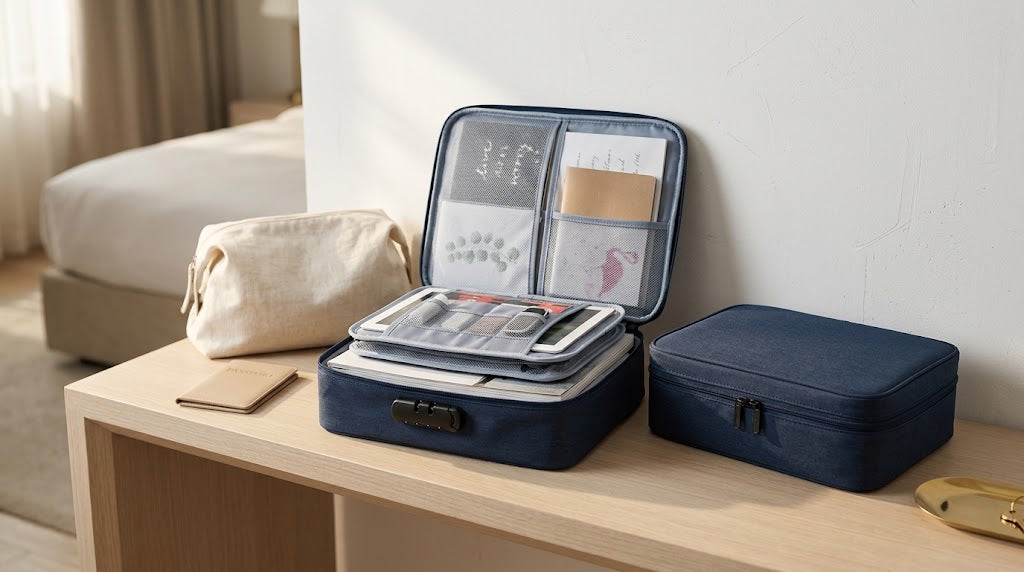 Travel Document Organizer Bag, Polyester, Black, Grey or Blue