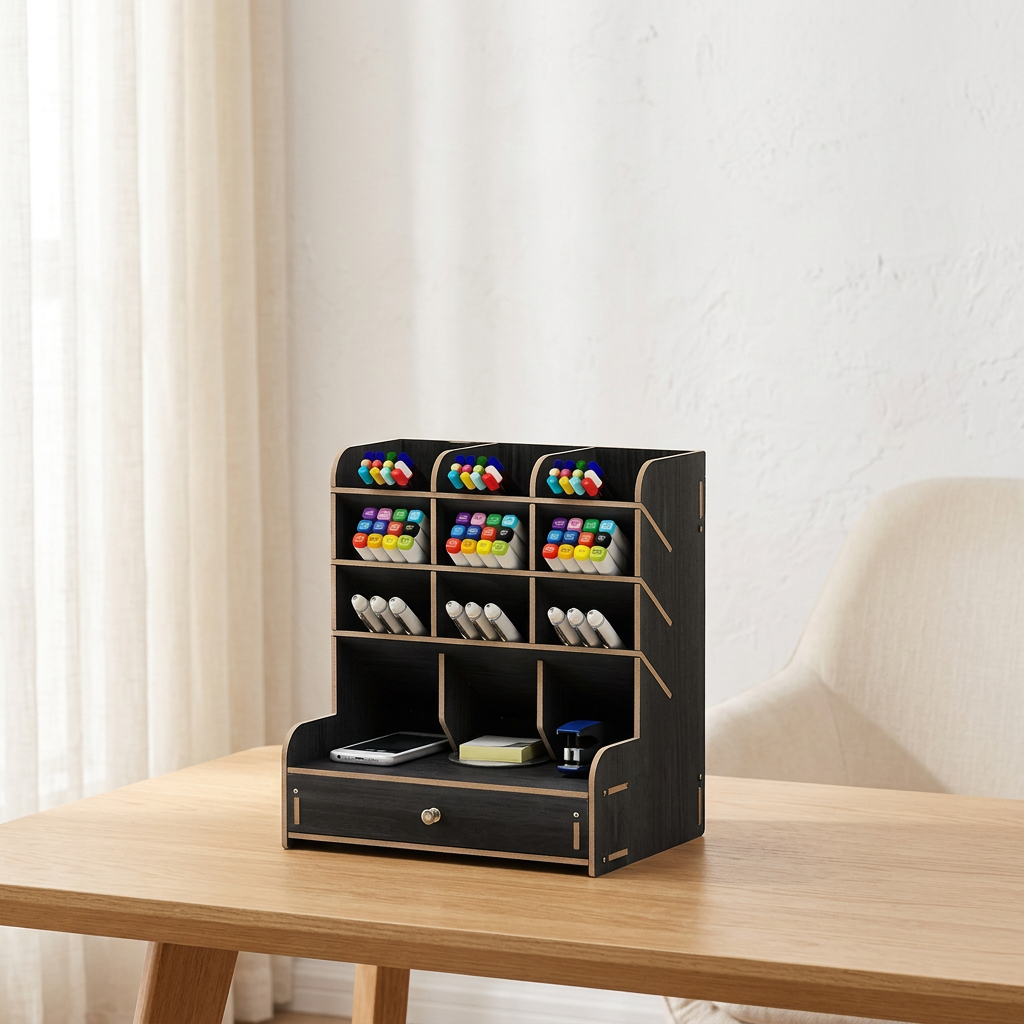 Wooden Desk Organizer with Drawer and Pen Holder Compartments