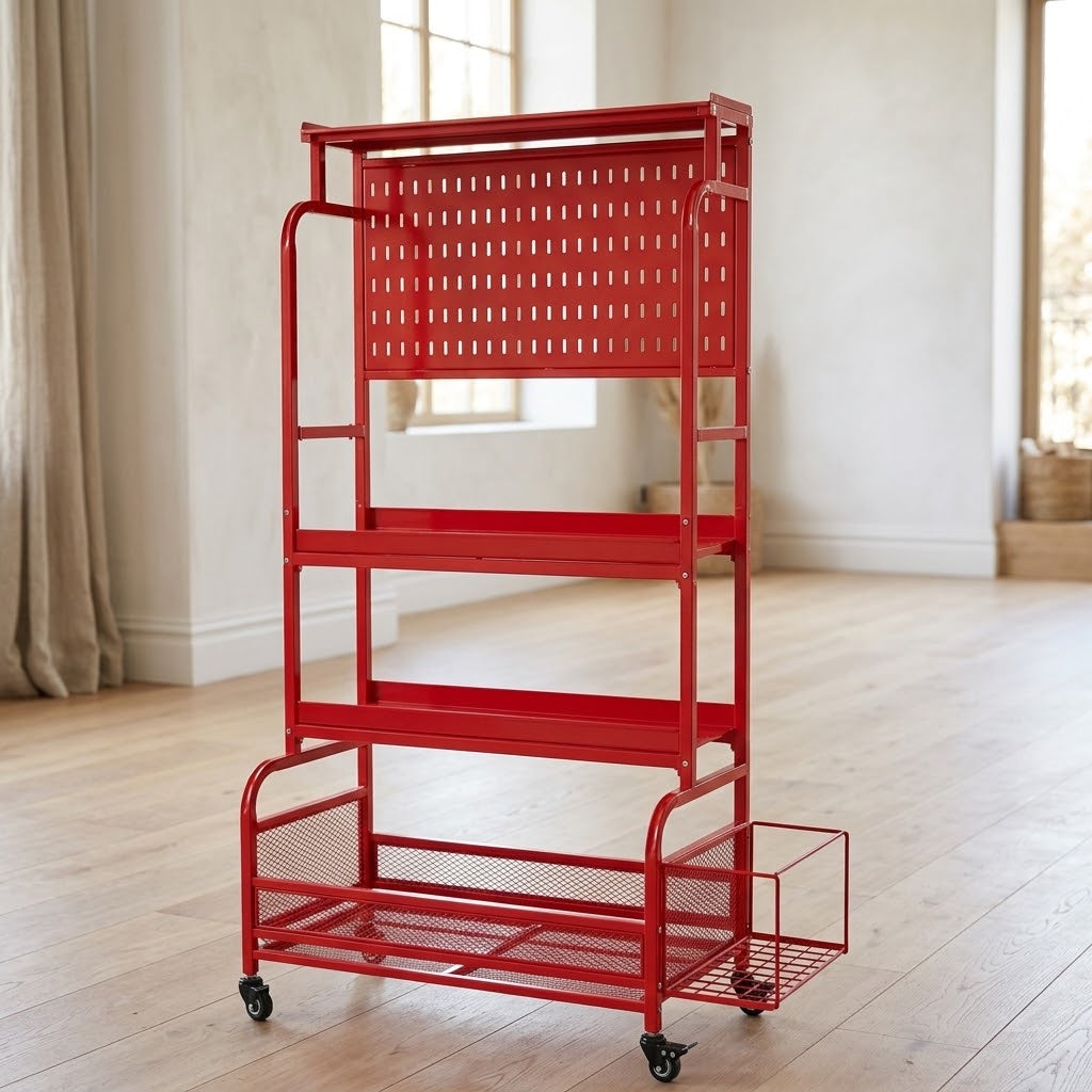 56 in Tall Home Gym Storage Rack with Pegboard and Wheels, Red