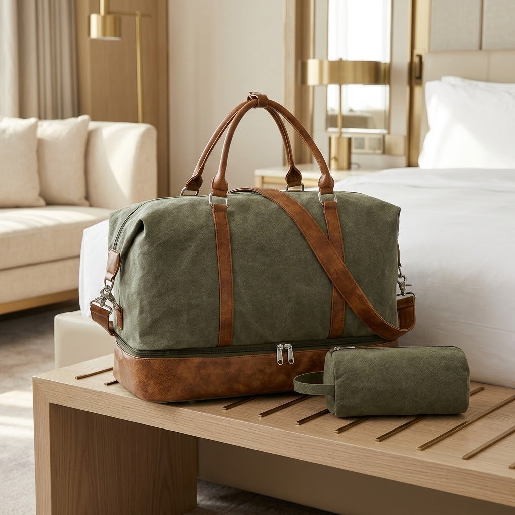 Canvas Weekender with Toiletry Bag and Shoe Compartment, Army Green