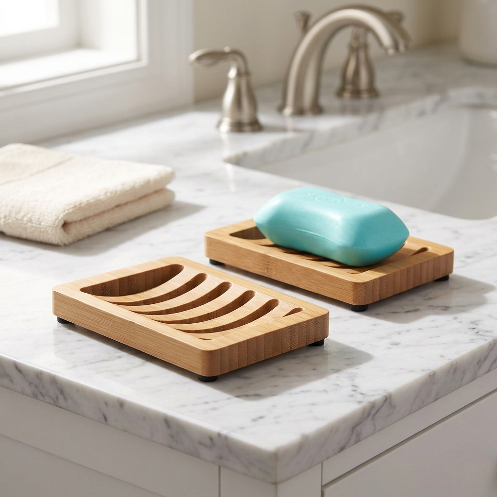 Self-Draining Bamboo Soap Dish with Rubber Feet, 2 Pack