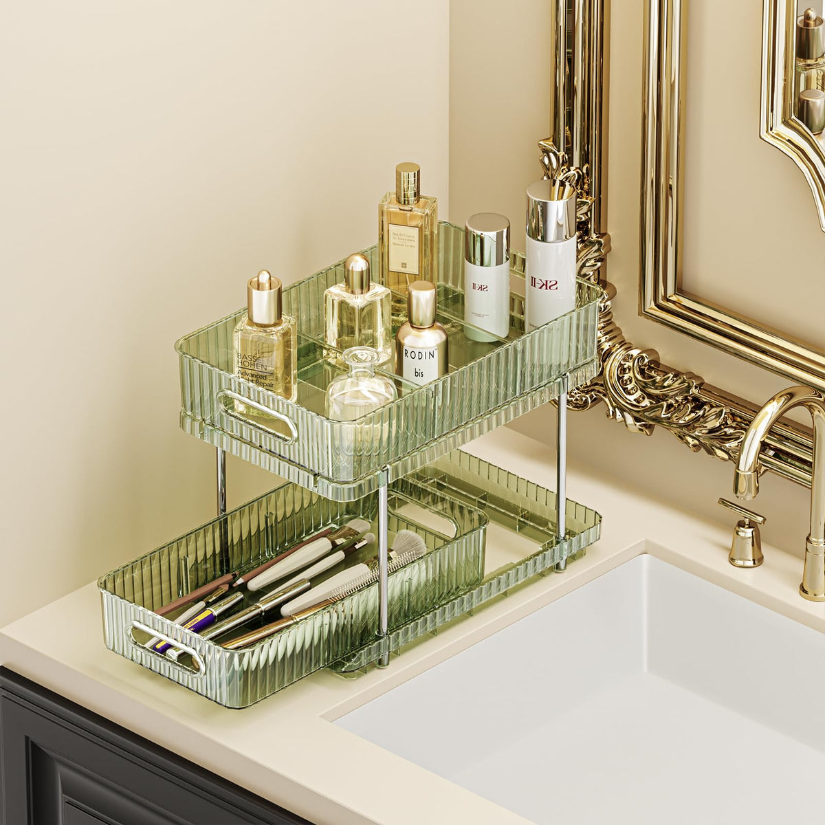 Vertical Countertop Vanity Organizer with Pull-Out Drawer, Vintage Green