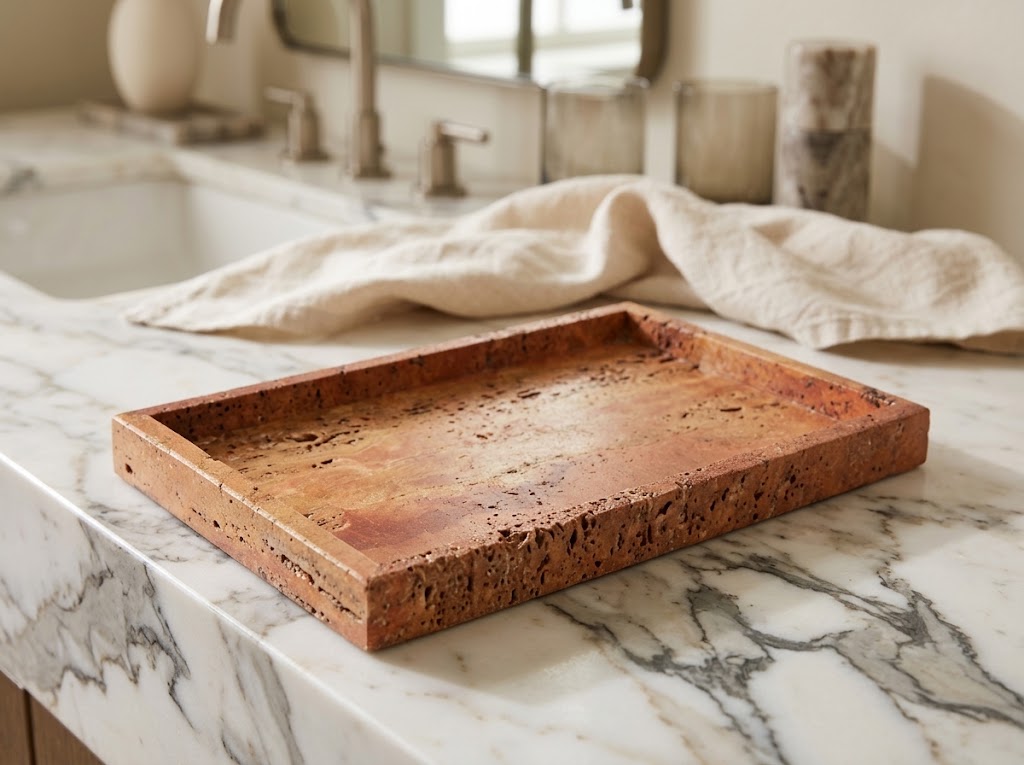 Natural Travertine Stone Vanity Tray, Rectangular, Travertine Red