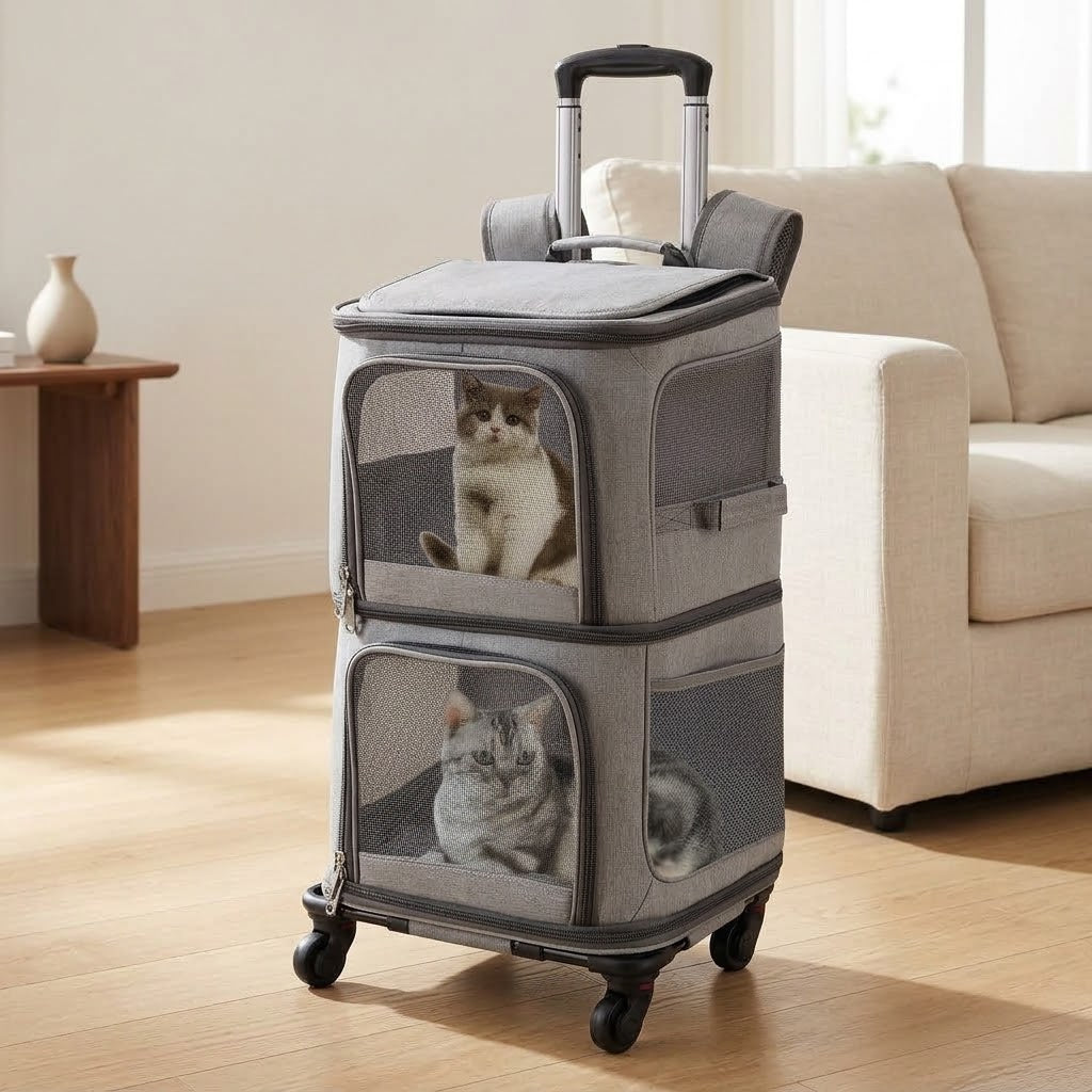 Rolling Double Pet Carrier Backpack with Wheels for 2 Pets, Grey