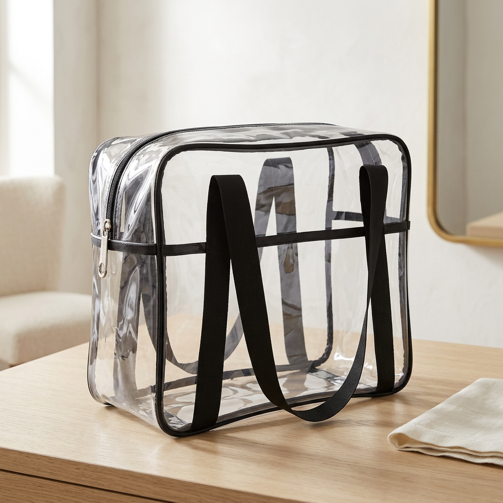 Large Clear PVC Makeup Bag with Two Handles, 11.5 x 10.5 in, Black