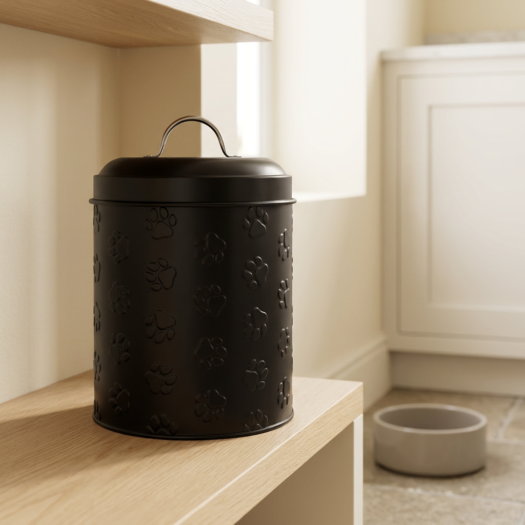 Embossed Metal Pet Food Canister with Airtight Lid, 104 oz, Black