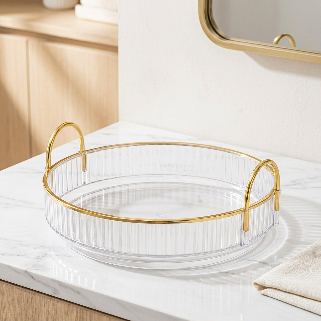 360° Rotating Clear Makeup Organizer with Gold Steel Sides, 1 Tier