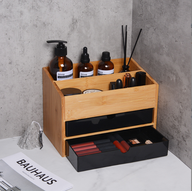 Bamboo Cosmetic Drawer Box, Single or Double Layer, White or Black