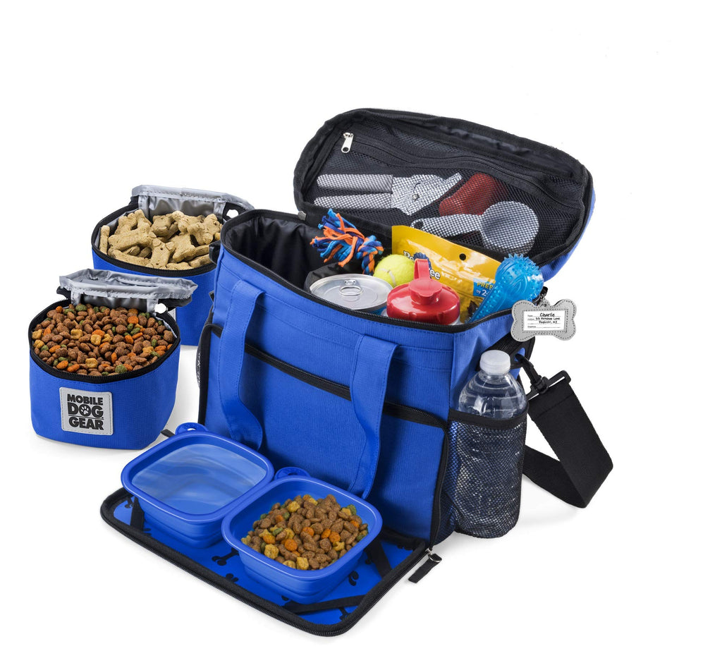 Small Dog Travel Bag with Lined Food Carriers and 2 Bowls, Royal Blue