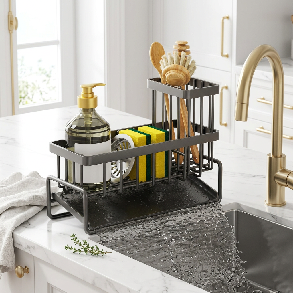 Sloped Stainless Steel Sink Caddy with Removable Brush Holder