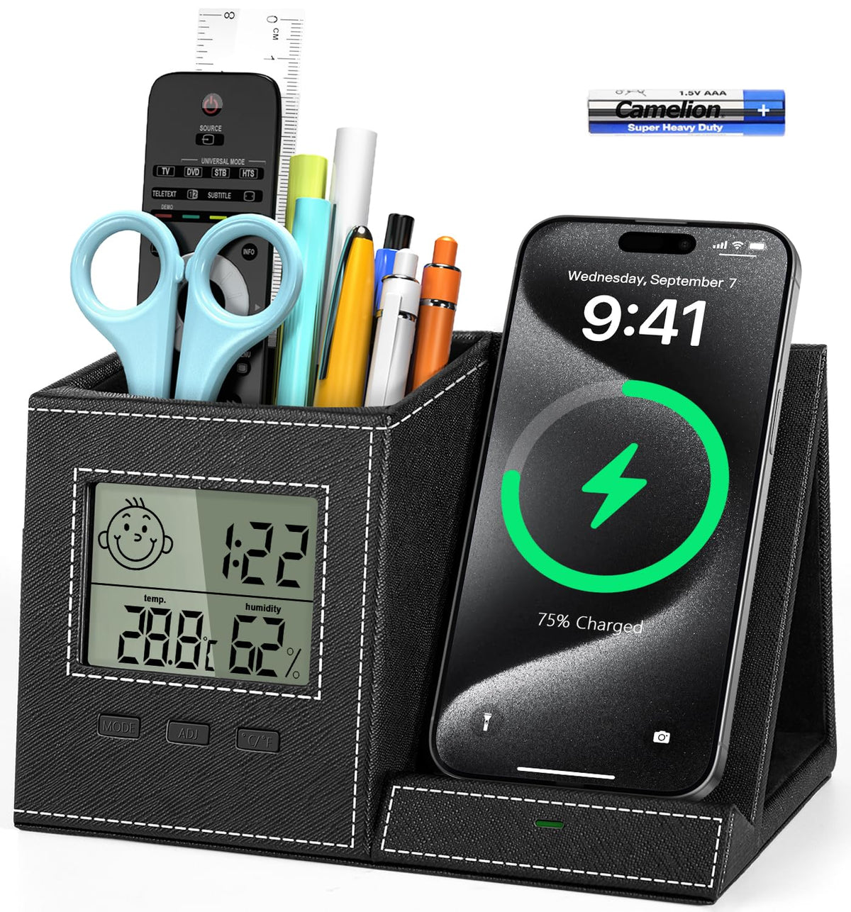 4-in-1 Desk Organizer with Wireless Charger, Pen Holder and Clock