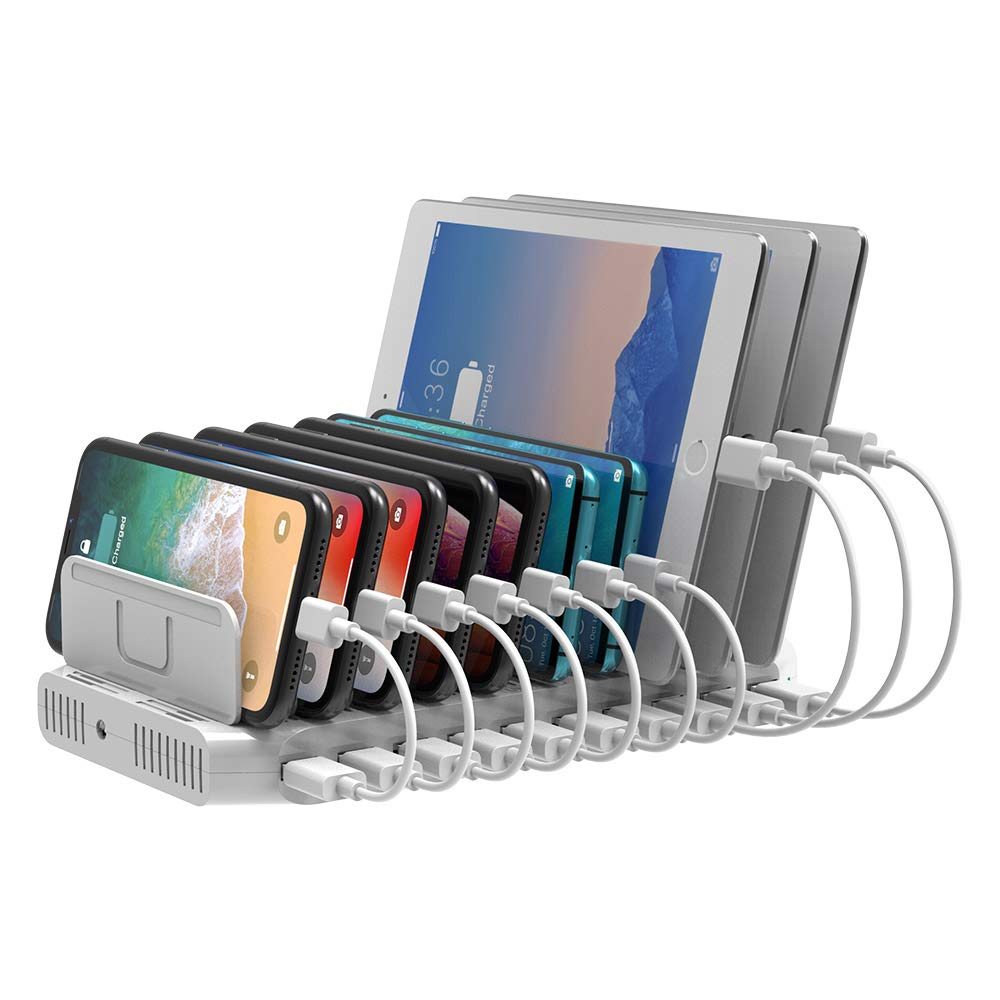 10-Port USB Charging Station with Adjustable Dividers, 96W, White