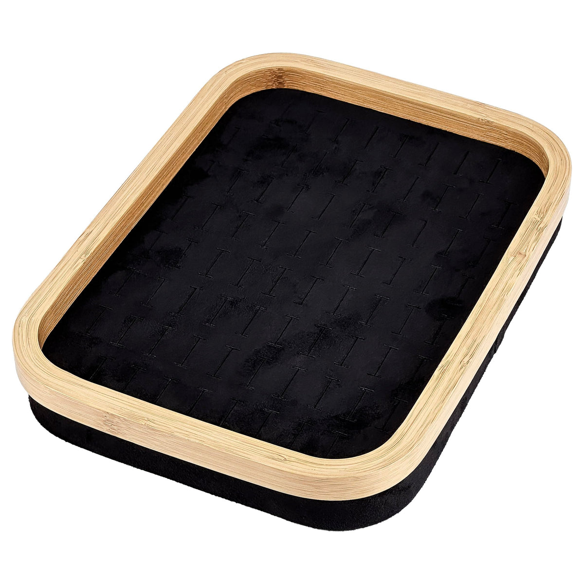 Bamboo Ring Display Tray with 76 Slots, Black Faux Suede