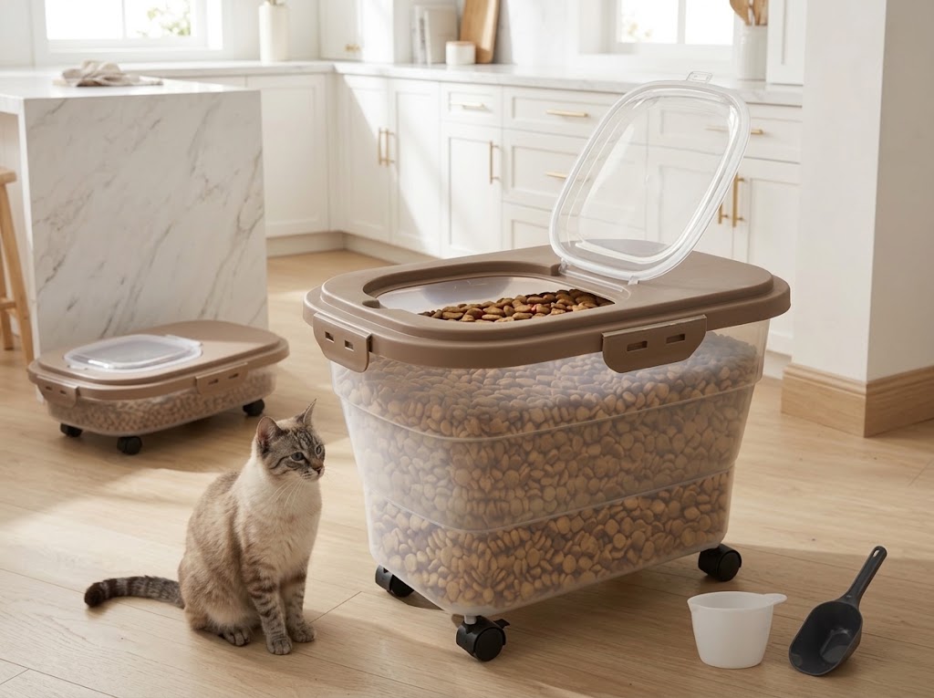 Collapsible Airtight Pet Food Container with Wheels, Scoop and Cup, Khaki