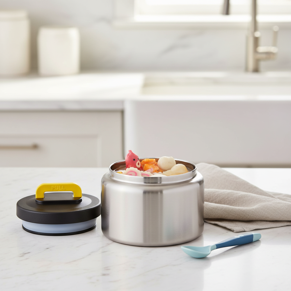 Insulated Stainless Steel Kids Food Jar with Spoon, 8 oz, Black Lid