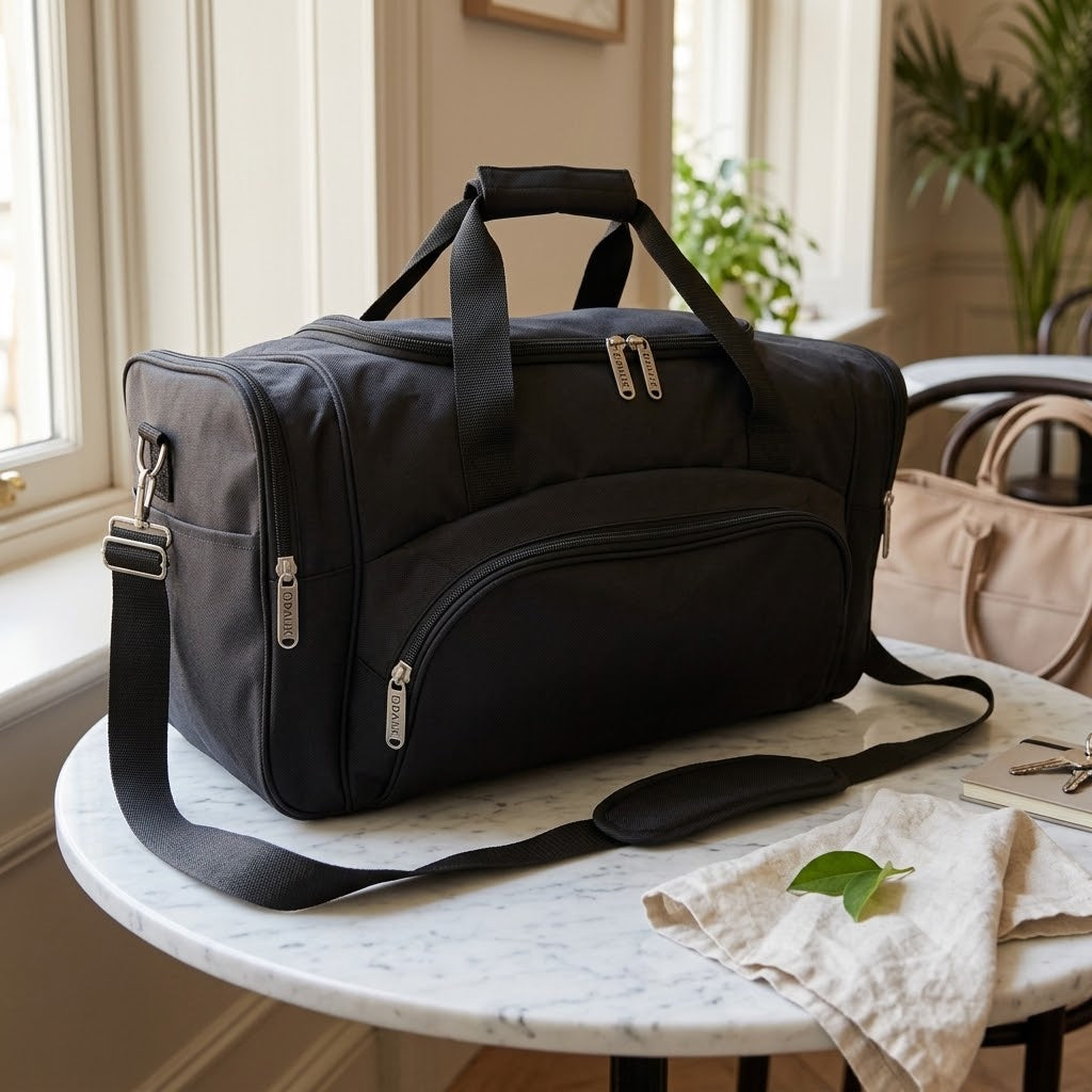 Large Polyester Travel and Gym Duffel with Side Pockets, Black