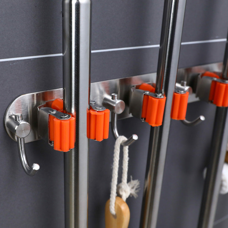 Wall-Mounted Broom and Mop Holder with Grips and Hooks, Orange